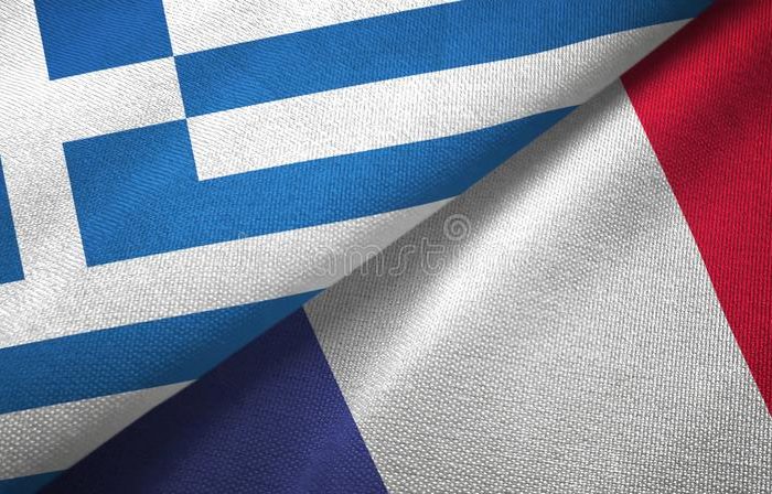 greece france two flags textile cloth fabric texture greece france flags together textile cloth fabric texture 145643882