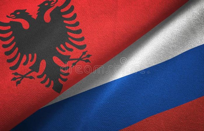 albania russia two flags textile cloth fabric texture albania russia flags together textile cloth fabric texture 145810999